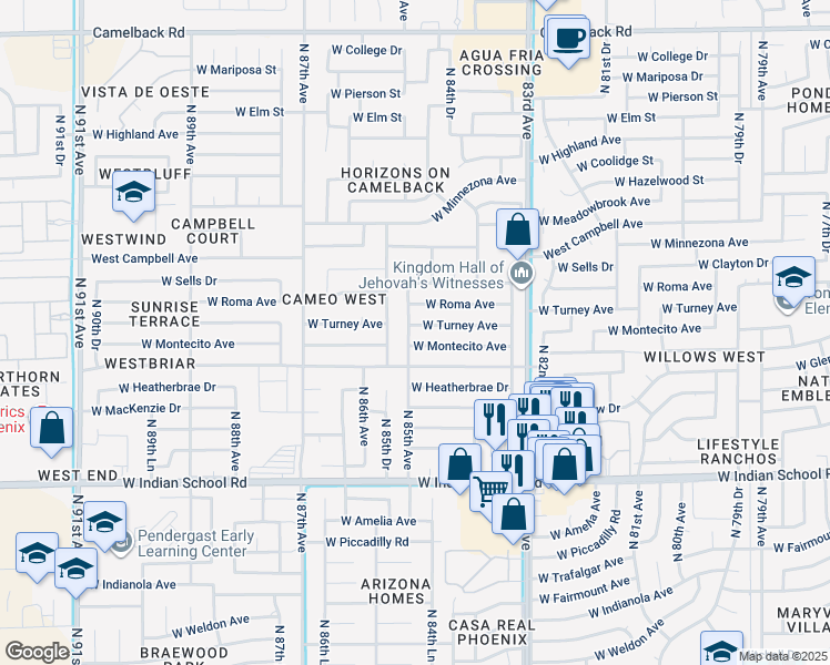 map of restaurants, bars, coffee shops, grocery stores, and more near 8448 West Turney Avenue in Phoenix