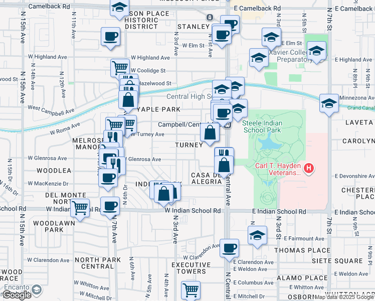 map of restaurants, bars, coffee shops, grocery stores, and more near 213 West Montecito Avenue in Phoenix