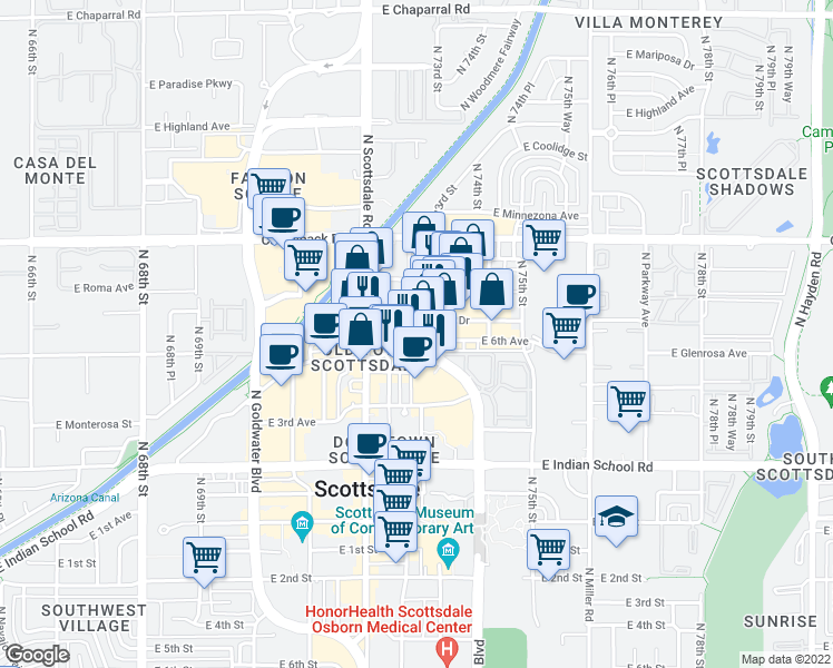 map of restaurants, bars, coffee shops, grocery stores, and more near 7295 East Stetson Drive in Scottsdale
