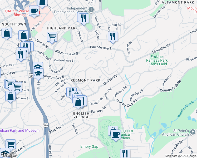 map of restaurants, bars, coffee shops, grocery stores, and more near 1415 Wellington Road South in Birmingham