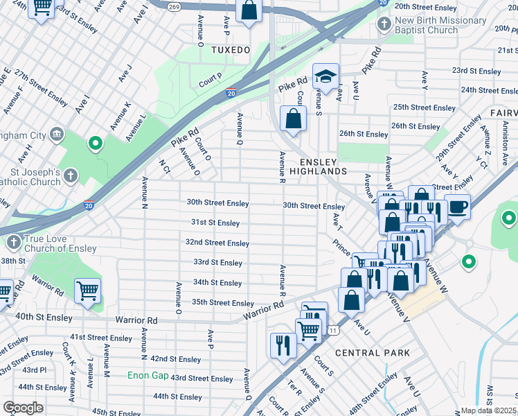 map of restaurants, bars, coffee shops, grocery stores, and more near 1730 30th Street Ensley in Birmingham