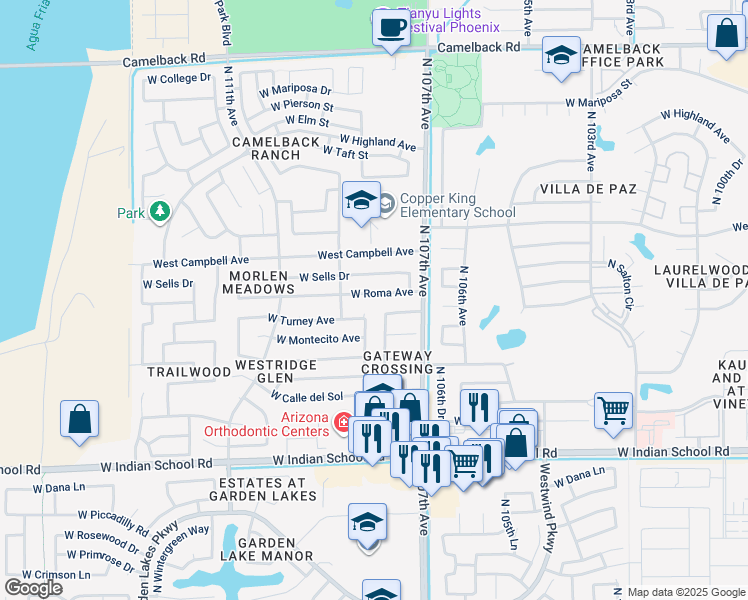 map of restaurants, bars, coffee shops, grocery stores, and more near 10814 West Roma Avenue in Phoenix