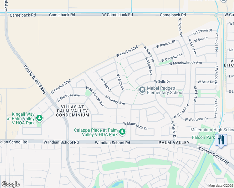 map of restaurants, bars, coffee shops, grocery stores, and more near 4420 North 156th Drive in Goodyear