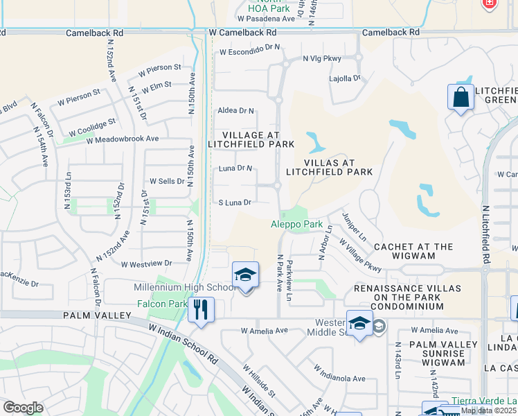map of restaurants, bars, coffee shops, grocery stores, and more near 14801 Luna Circle in Litchfield Park