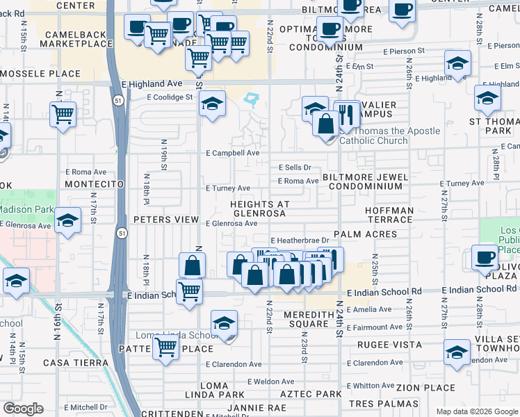 map of restaurants, bars, coffee shops, grocery stores, and more near 4301 North 21st Street in Phoenix