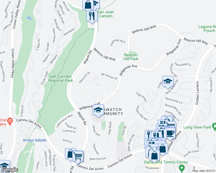 map of restaurants, bars, coffee shops, grocery stores, and more near 21 Pemberton in Laguna Niguel