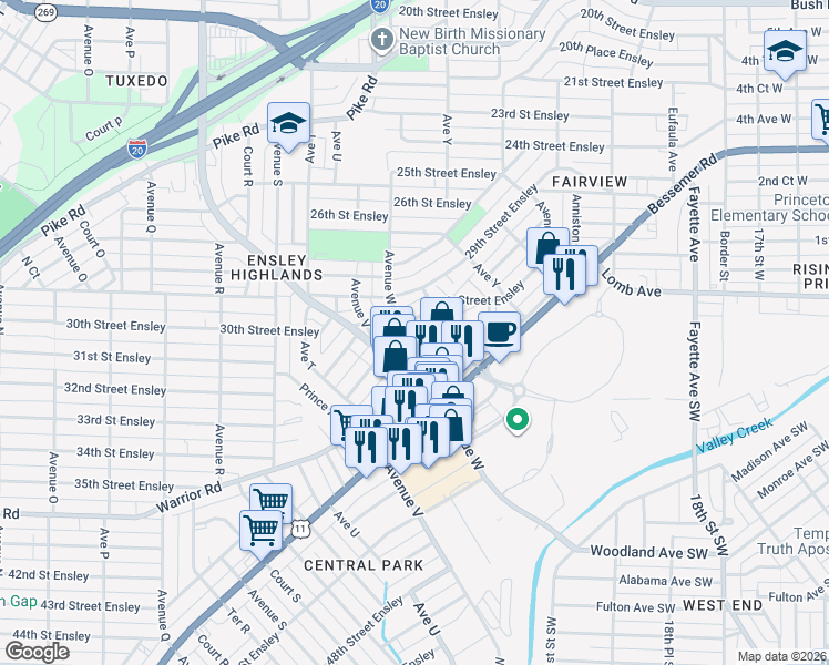 map of restaurants, bars, coffee shops, grocery stores, and more near 3009 Avenue W in Birmingham