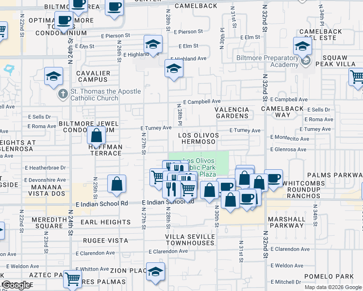 map of restaurants, bars, coffee shops, grocery stores, and more near 4316 North 28th Way in Phoenix