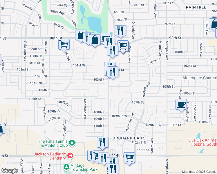 map of restaurants, bars, coffee shops, grocery stores, and more near Quaker Ave & 105th St in Lubbock