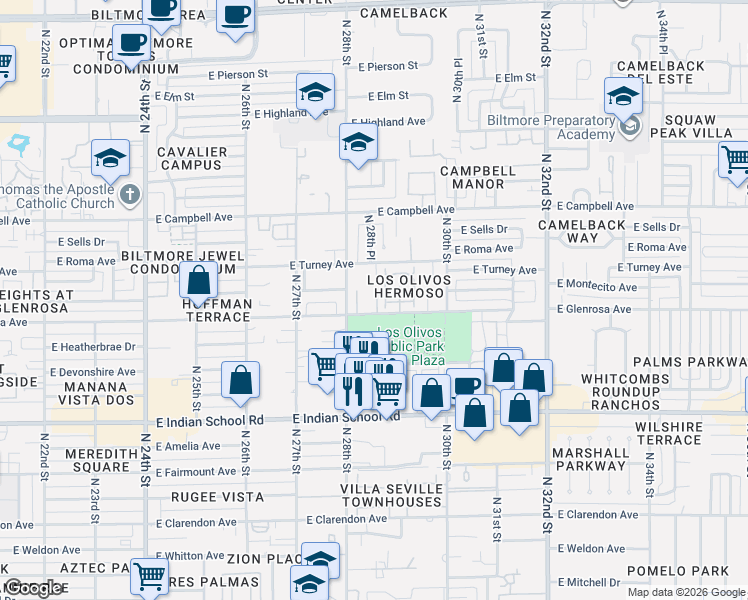 map of restaurants, bars, coffee shops, grocery stores, and more near 4316 North 28th Way in Phoenix