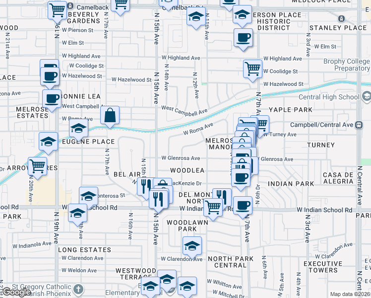 map of restaurants, bars, coffee shops, grocery stores, and more near 1142 West Turney Avenue in Phoenix