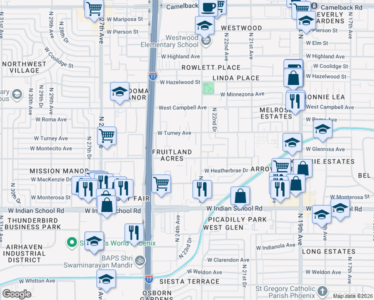 map of restaurants, bars, coffee shops, grocery stores, and more near 2331 West Turney Avenue in Phoenix