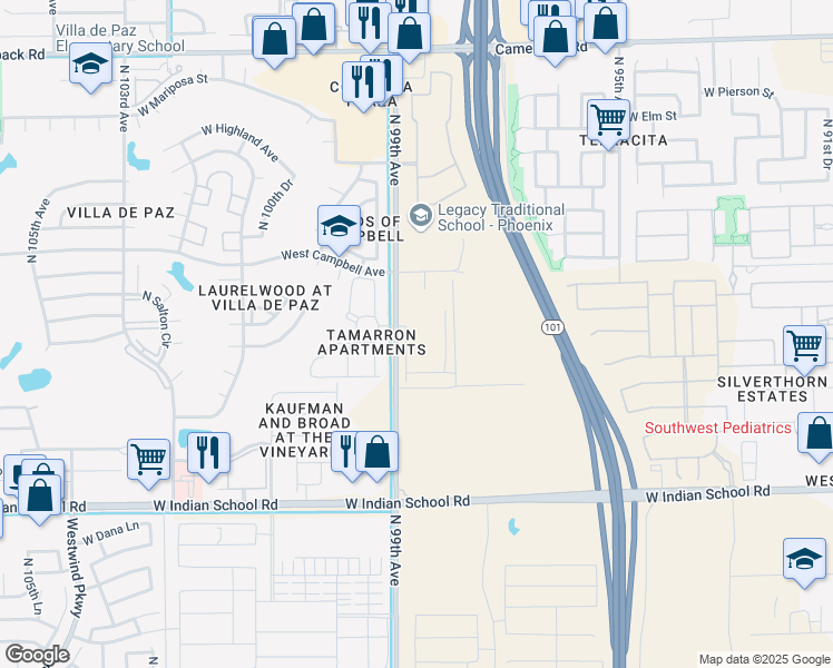 map of restaurants, bars, coffee shops, grocery stores, and more near 4344 West Indian School Road in Phoenix