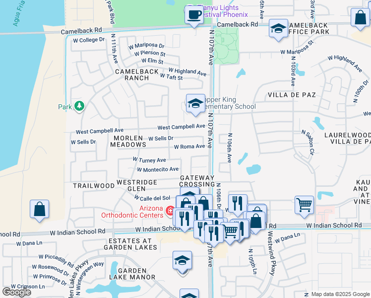 map of restaurants, bars, coffee shops, grocery stores, and more near 10814 West Roma Avenue in Phoenix