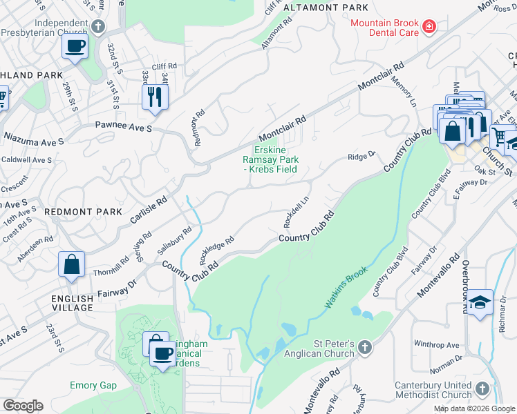 map of restaurants, bars, coffee shops, grocery stores, and more near 6 Rockledge Road in Birmingham