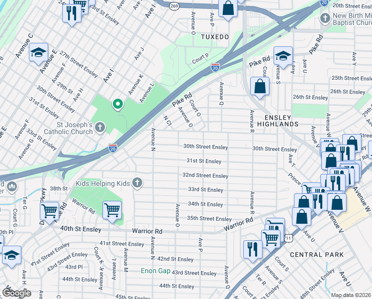 map of restaurants, bars, coffee shops, grocery stores, and more near 1528 30th Street Ensley in Birmingham