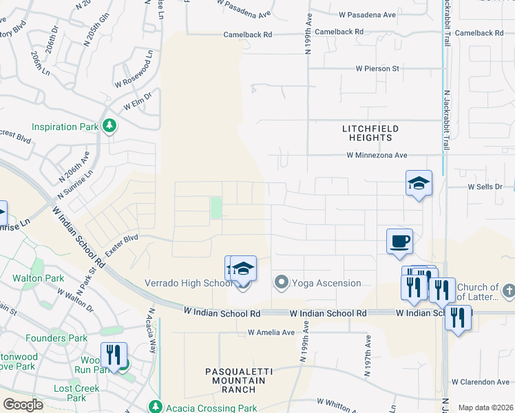 map of restaurants, bars, coffee shops, grocery stores, and more near West Indian School Road in Litchfield Park