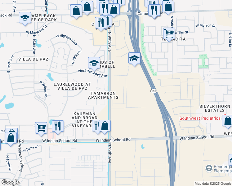 map of restaurants, bars, coffee shops, grocery stores, and more near 4344 West Indian School Road in Phoenix
