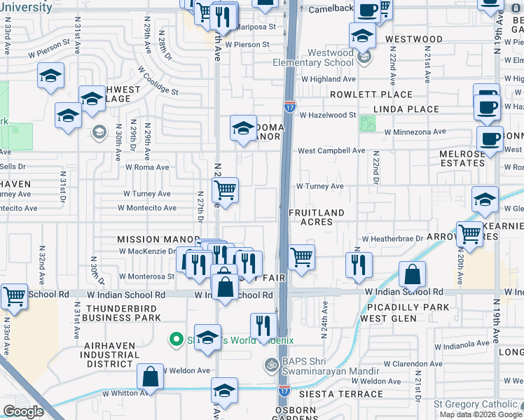 map of restaurants, bars, coffee shops, grocery stores, and more near 2524 West Glenrosa Avenue in Phoenix