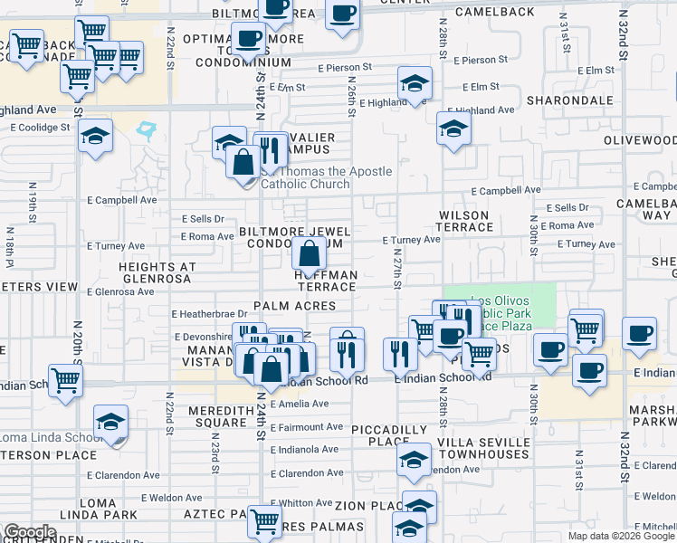 map of restaurants, bars, coffee shops, grocery stores, and more near 2546 East Montecito Avenue in Phoenix