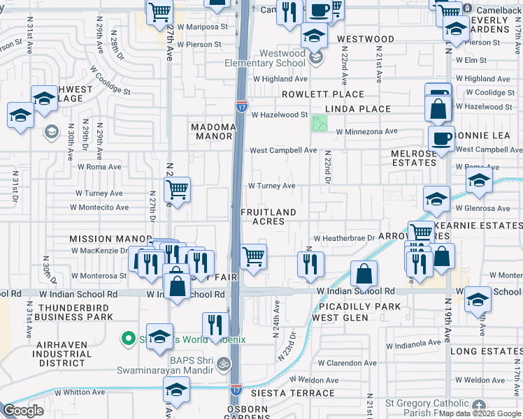 map of restaurants, bars, coffee shops, grocery stores, and more near 2430 West Glenrosa Avenue in Phoenix