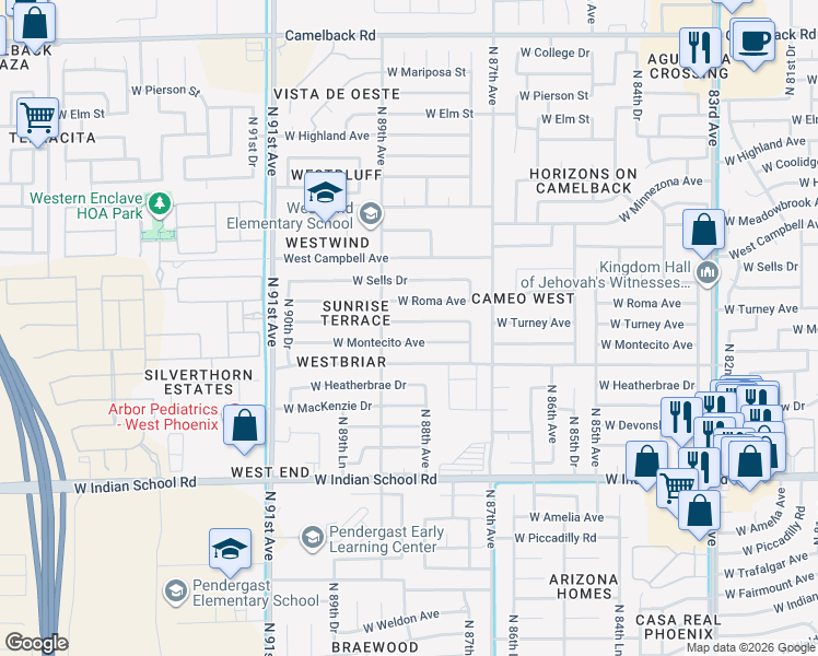 map of restaurants, bars, coffee shops, grocery stores, and more near 8814 West Turney Avenue in Phoenix