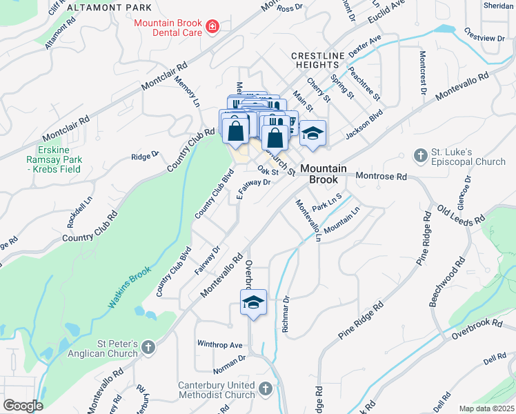 map of restaurants, bars, coffee shops, grocery stores, and more near 3741 East Fairway Drive in Birmingham