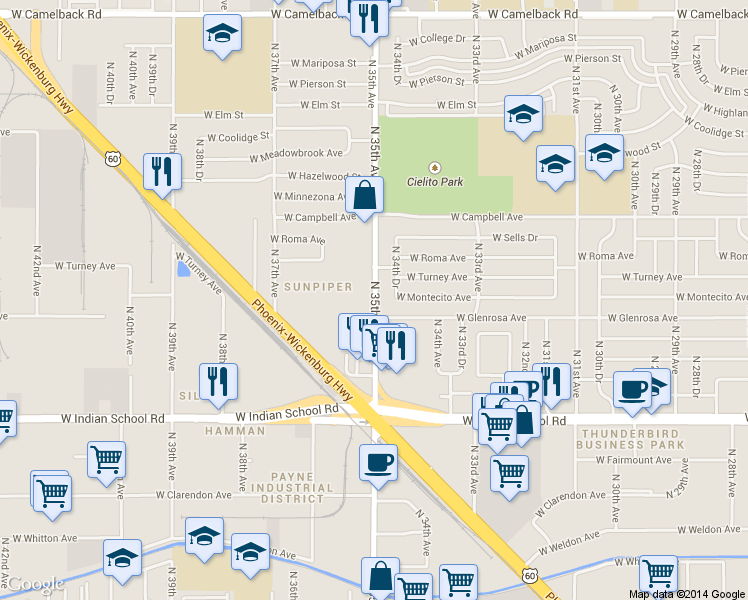 map of restaurants, bars, coffee shops, grocery stores, and more near 4321 North 35th Avenue in Phoenix