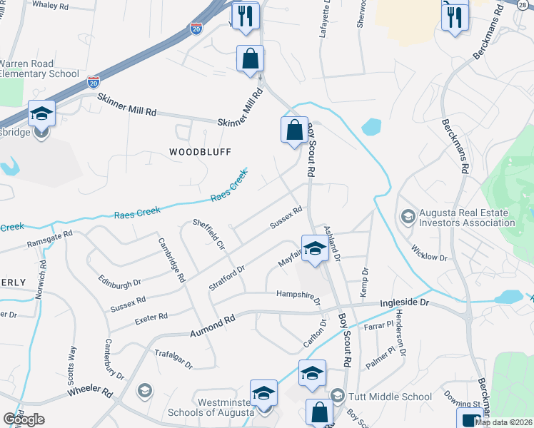 map of restaurants, bars, coffee shops, grocery stores, and more near 2912 Kipling Dr in Augusta