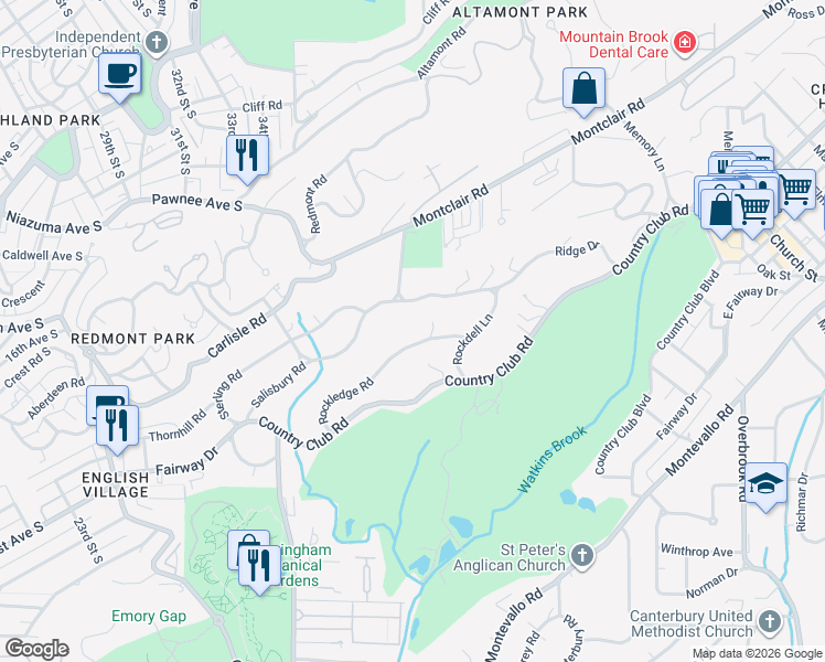 map of restaurants, bars, coffee shops, grocery stores, and more near 6 Rockledge Road in Birmingham