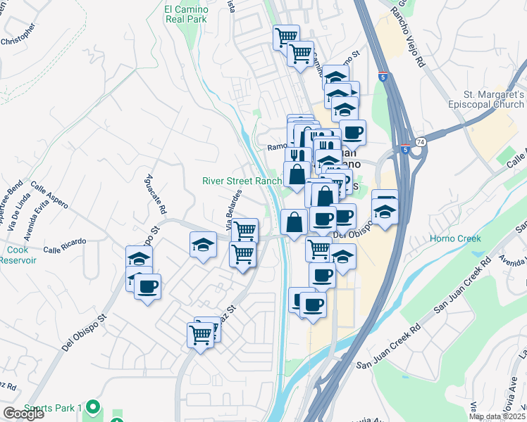 map of restaurants, bars, coffee shops, grocery stores, and more near 26542 Calle Lucana in San Juan Capistrano