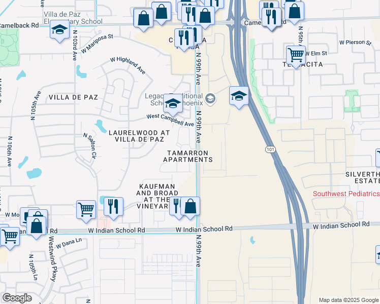 map of restaurants, bars, coffee shops, grocery stores, and more near 42 North 99th Avenue in Phoenix