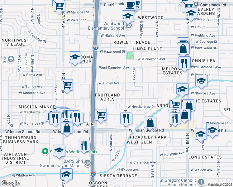 map of restaurants, bars, coffee shops, grocery stores, and more near 2331 West Turney Avenue in Phoenix