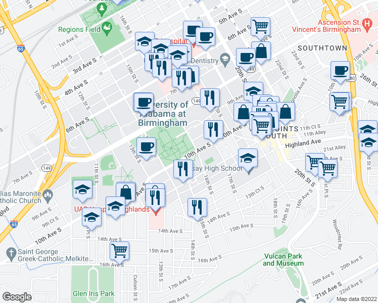 map of restaurants, bars, coffee shops, grocery stores, and more near 1516 10th Avenue South in Birmingham
