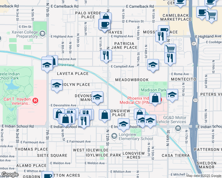 map of restaurants, bars, coffee shops, grocery stores, and more near 4331 North 12th Street in Phoenix
