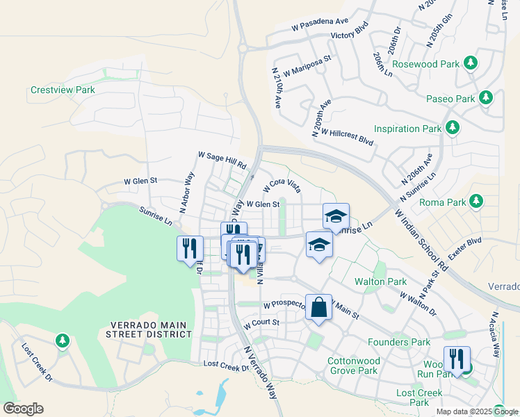 map of restaurants, bars, coffee shops, grocery stores, and more near 21017 West Glen Street in Buckeye