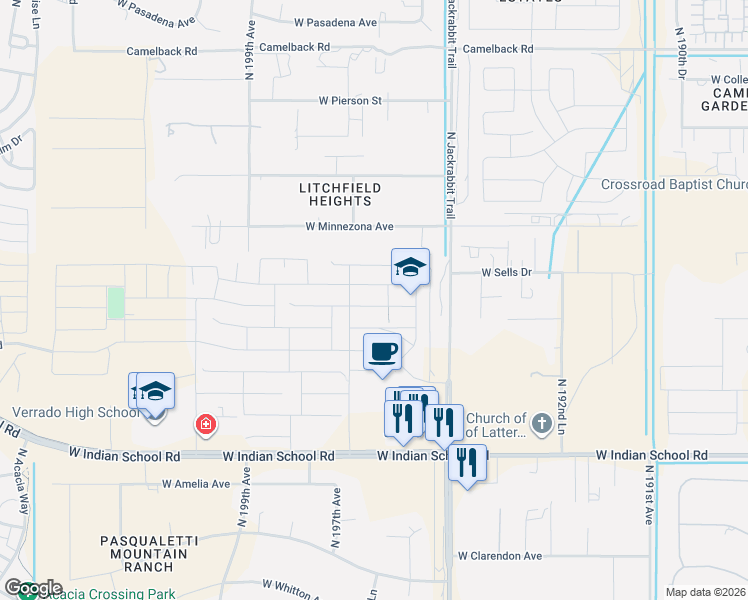 map of restaurants, bars, coffee shops, grocery stores, and more near 19682 West Turney Avenue in Litchfield Park