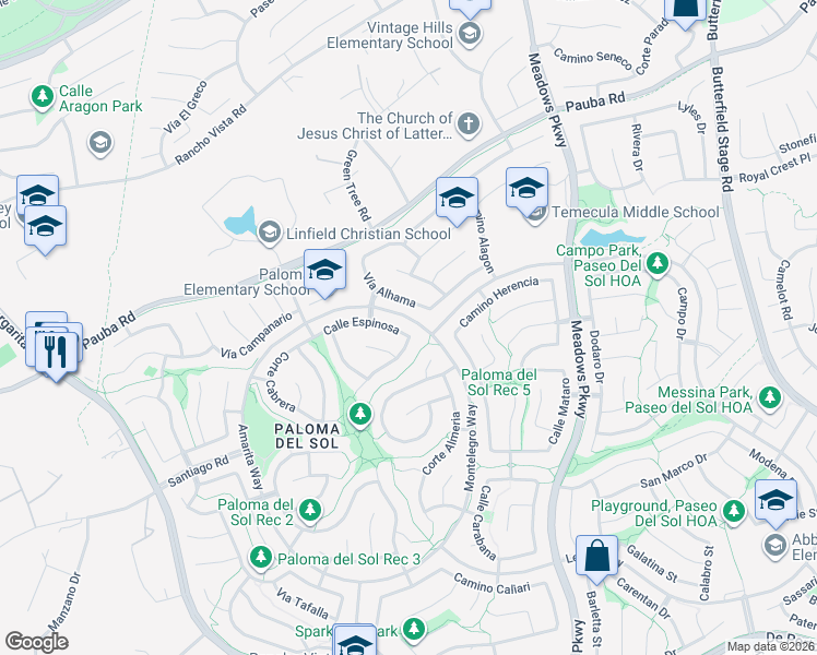 map of restaurants, bars, coffee shops, grocery stores, and more near 32018 Calle Espinosa in Temecula