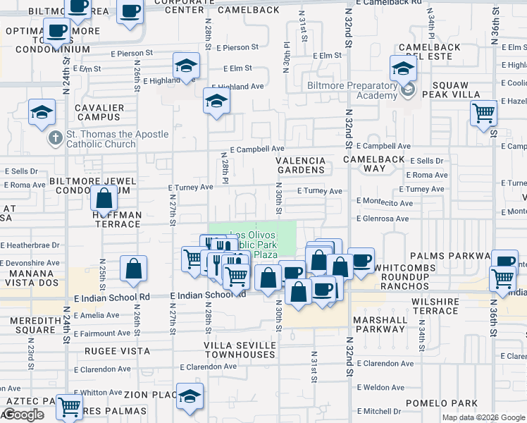 map of restaurants, bars, coffee shops, grocery stores, and more near 4315 North 29th Place in Phoenix