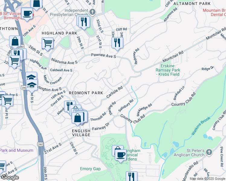 map of restaurants, bars, coffee shops, grocery stores, and more near 1531 Wellington Road South in Birmingham