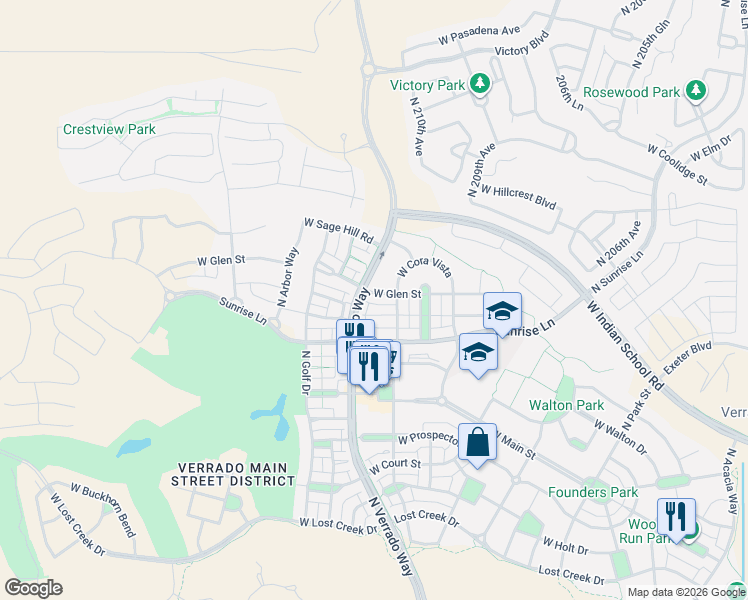 map of restaurants, bars, coffee shops, grocery stores, and more near 21036 West Glen Street in Buckeye