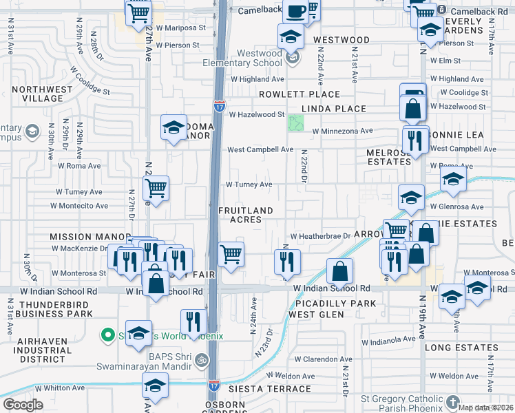 map of restaurants, bars, coffee shops, grocery stores, and more near 2331 West Turney Avenue in Phoenix