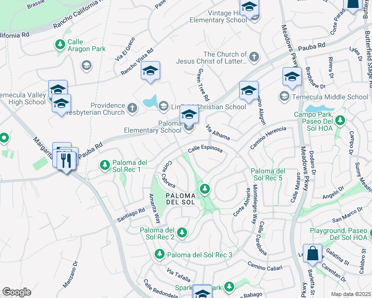 map of restaurants, bars, coffee shops, grocery stores, and more near 31904 Calle Espinosa in Temecula