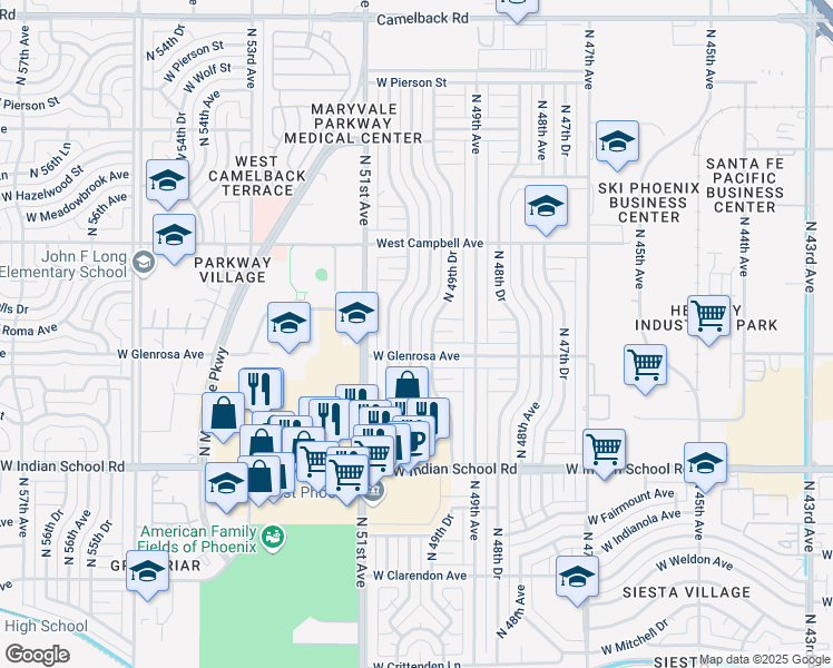 map of restaurants, bars, coffee shops, grocery stores, and more near 4321 North 50th Avenue in Phoenix