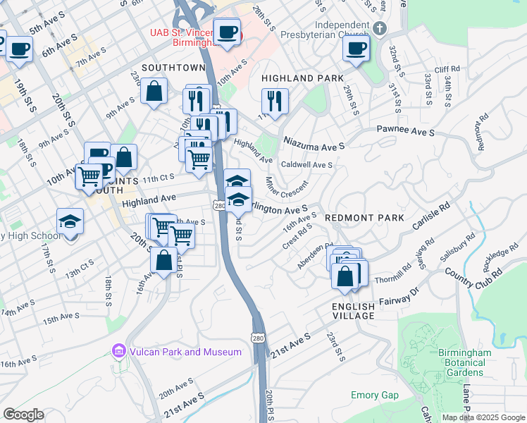 map of restaurants, bars, coffee shops, grocery stores, and more near 2413 Arlington Avenue South in Birmingham