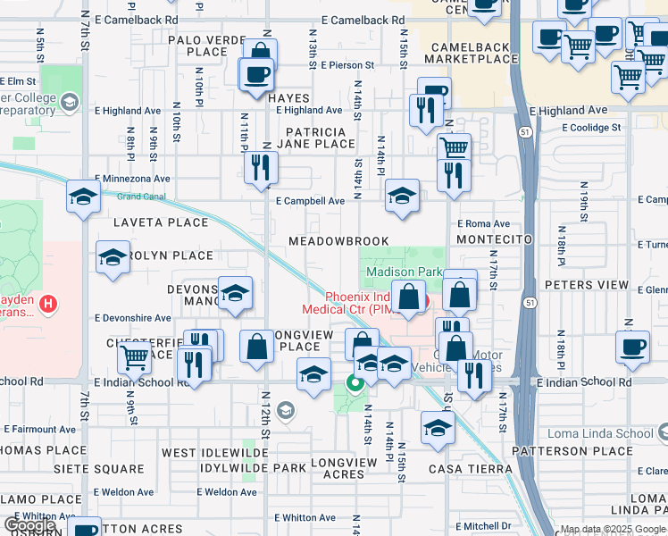 map of restaurants, bars, coffee shops, grocery stores, and more near 4324 North 13th Place in Phoenix