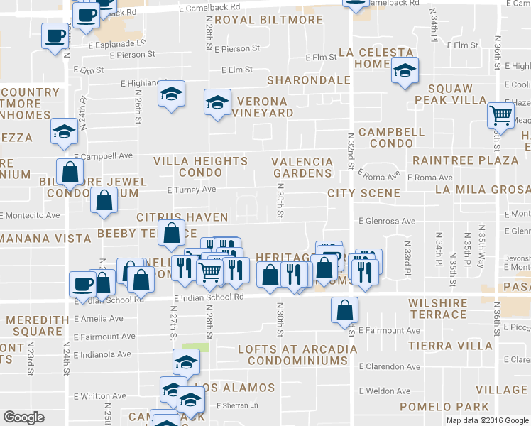 map of restaurants, bars, coffee shops, grocery stores, and more near 4315 North 29th Place in Phoenix