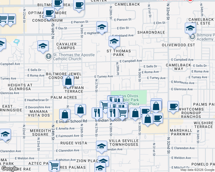 map of restaurants, bars, coffee shops, grocery stores, and more near 4317 North 28th Street in Phoenix