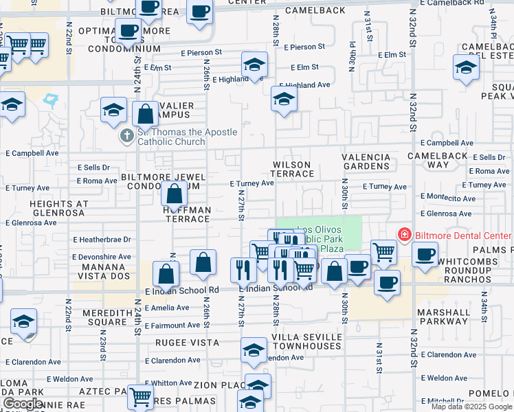 map of restaurants, bars, coffee shops, grocery stores, and more near 2715 East Montecito Avenue in Phoenix