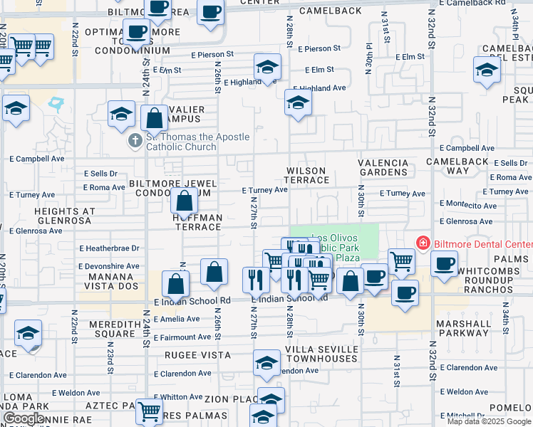 map of restaurants, bars, coffee shops, grocery stores, and more near 2715 East Montecito Avenue in Phoenix